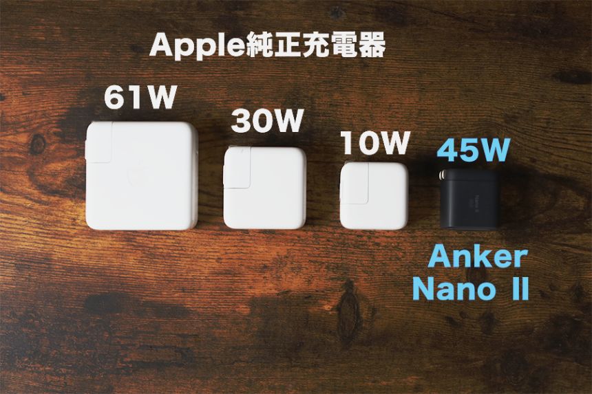 Anker Nano Ⅱ 45W充電器とApple純正充電器の比較すると小ささがよりわかる