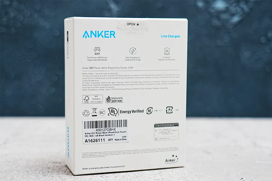 Anker 521 Power Bank (PowerCore Fusion 45W)パッケージ裏面
